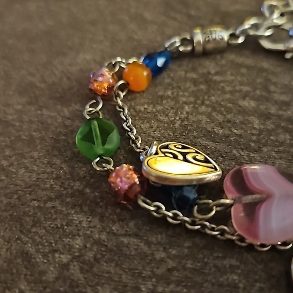 BRIGHTON Deco Bright Glass Beaded Heart Charm Double Chain Bracelet